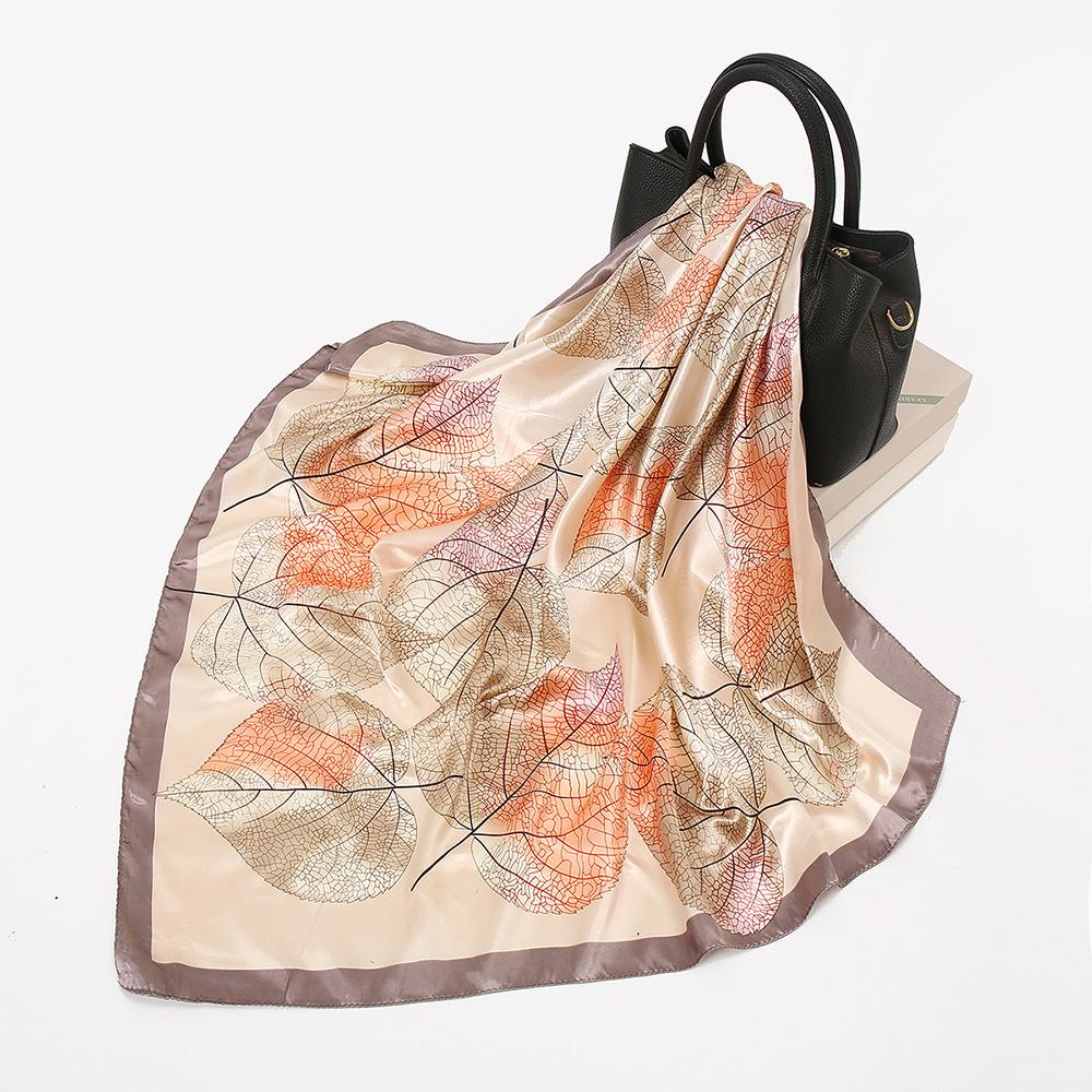 New Spring Silk Scarf Shawl Fashion Accessorries Muslim Women Head Scarf Elegant Leaves Pattern Square Scarves 90x90cm
