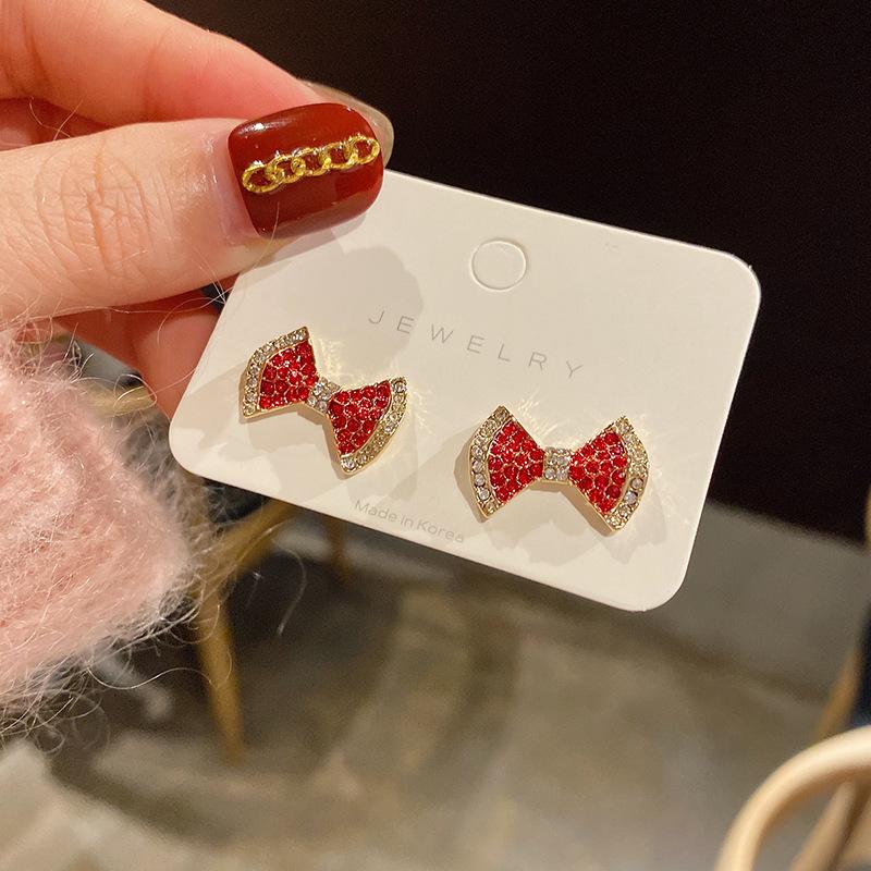 New geometric red bow stud earrings for women, silver needle, diamond-set earrings at Dongdaemun, Korea 925 silver needle