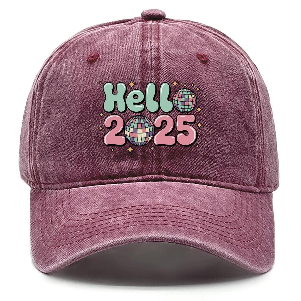 HELLO 2025" Disco Ball Print Snapback Sun Hat, Sports Hat Unisex Trendy Raw Brim Sunshade Adjustable Baseball Hat