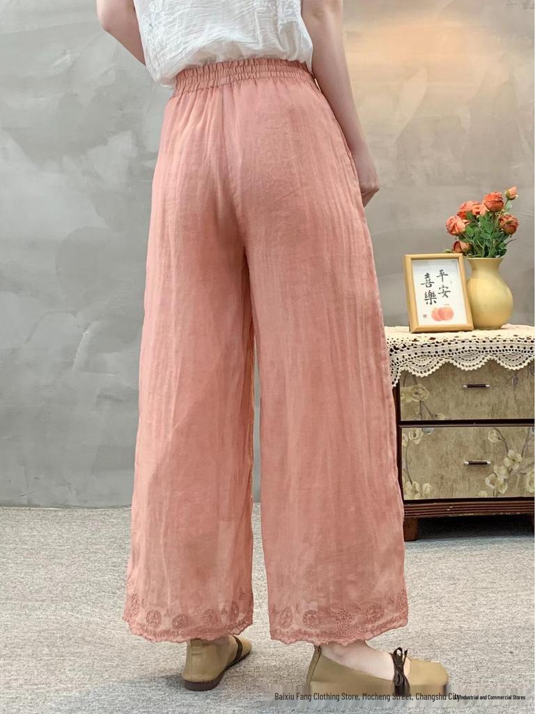 2026 Spring/Summer Women's Linen Straight-Leg Pants with Elastic Waist and Retro Embroidery Hem - Casual and Versatile Solid Color Long Pants