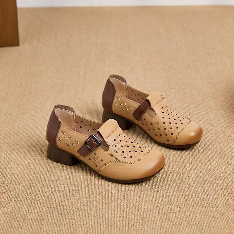 

First layer cowhide mother shoes women s new retro hollow breathable casual shoes comfortable soft sole thick heel hole shoes 41