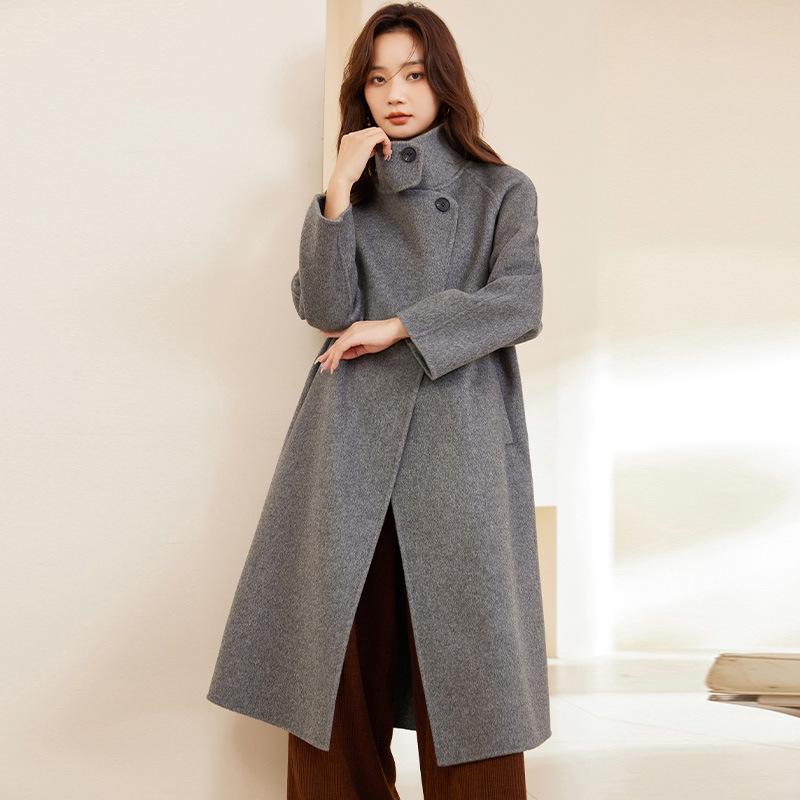 Women's Extra Long Stand Collar 100% Wool Coat - Double-Faced, Loose Fit, Fashionable Autumn/Winter Wear