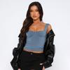 Dames T-shirt Lente Slim Fit Patchwork Cropped met Vierkante Hals en Lichte Plooitjes, Europese & Amerikaanse Stijl.