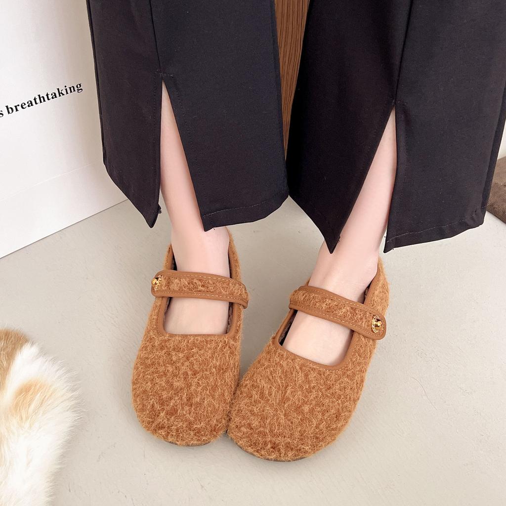 Autumn and winter Mary Jane fluffy shoes women's gray velvet thickened non-slip flat shoes French retro gentle cotton shoes