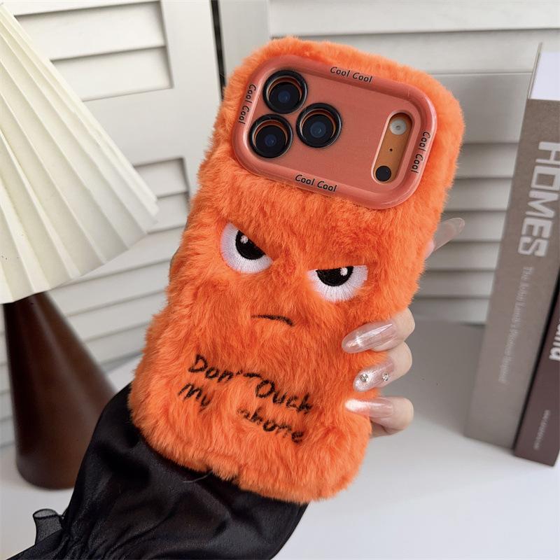 

Cartoon Angry Face Expression Fluffy Plush Phone Case For iPhone Air 11 12 14 13 15 16 17 Pro Max Lens Bracket Shockproof Cover iPhone 11 помаранчевий