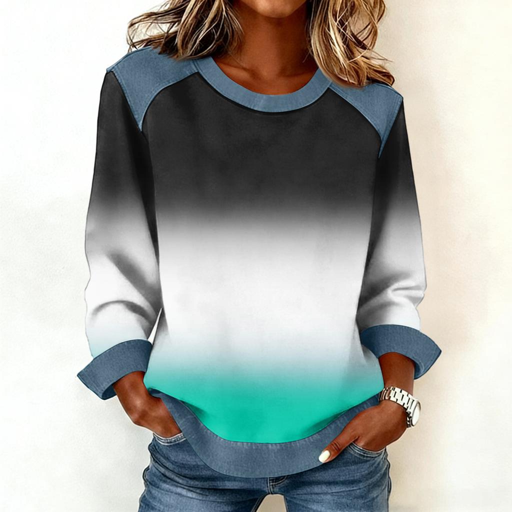 Felpa Casual da Donna con Collo in Denim Patchwork e Cuciture, Maglia a Manica Lunga