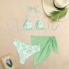 3-teiliges Badeanzug-Set Neckholder Brustpolster Bügelloser BH Badehose Transparenter Besatz Überwurf Rock Set Blumenprint Zweiteiliger Badeanzug