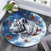 White Tiger with Falling Leaves Round Area Rug,Carpet Rug for Living Room Bedroom Sofa Playroom Decor,Non-slip Floor Mat