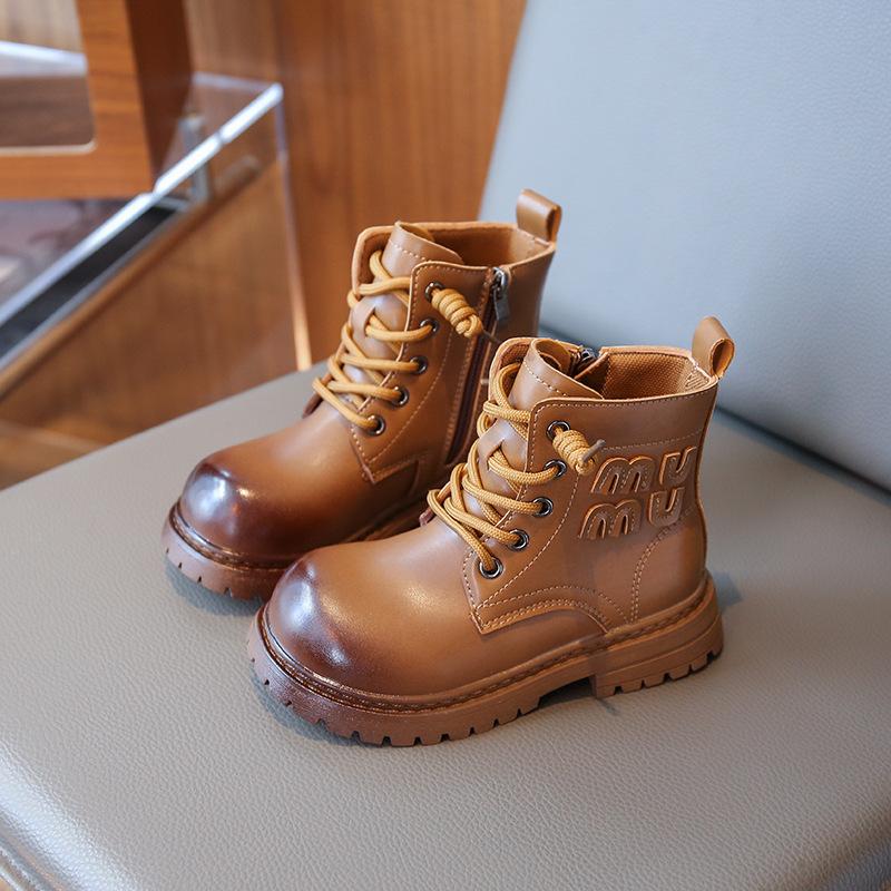Girls Martin boots British style two cotton short boots 2025 new autumn and winter velvet boys warm cotton boots children's leather boots