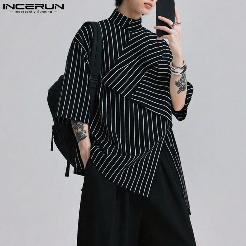 INCERUN Men Stand Neck Half Sleeve Irregular Front Cross Striped Casual Shirts Tops