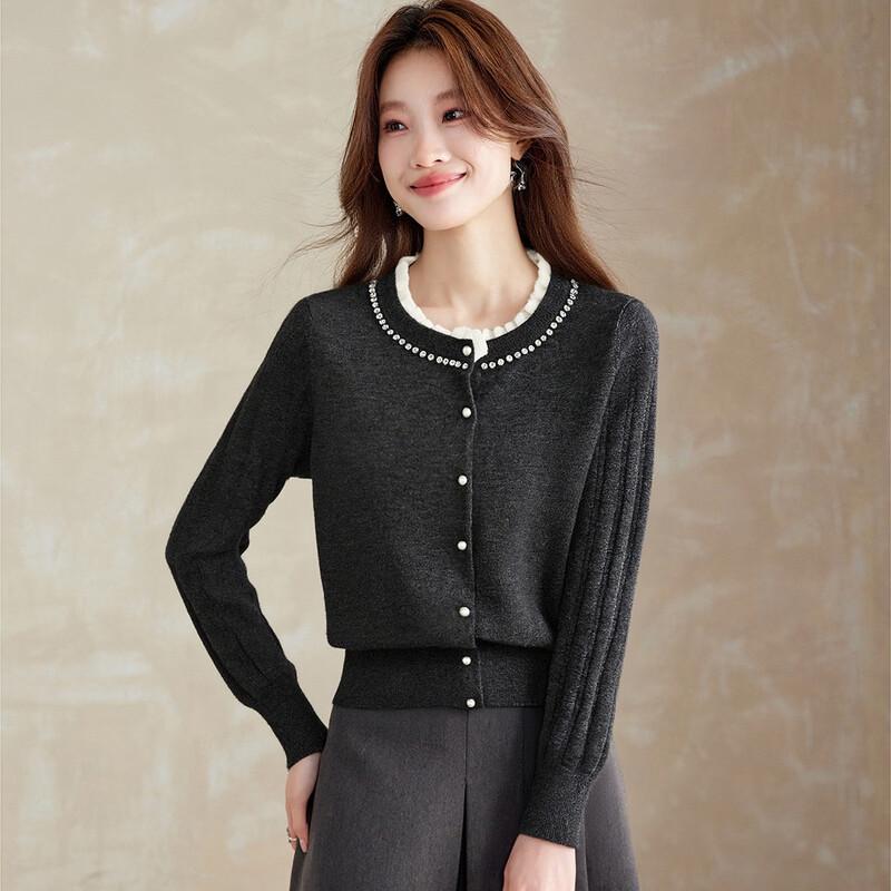 Srcr Women s 42-Count Thin Extra Fine Wool Beaded Cardigan L