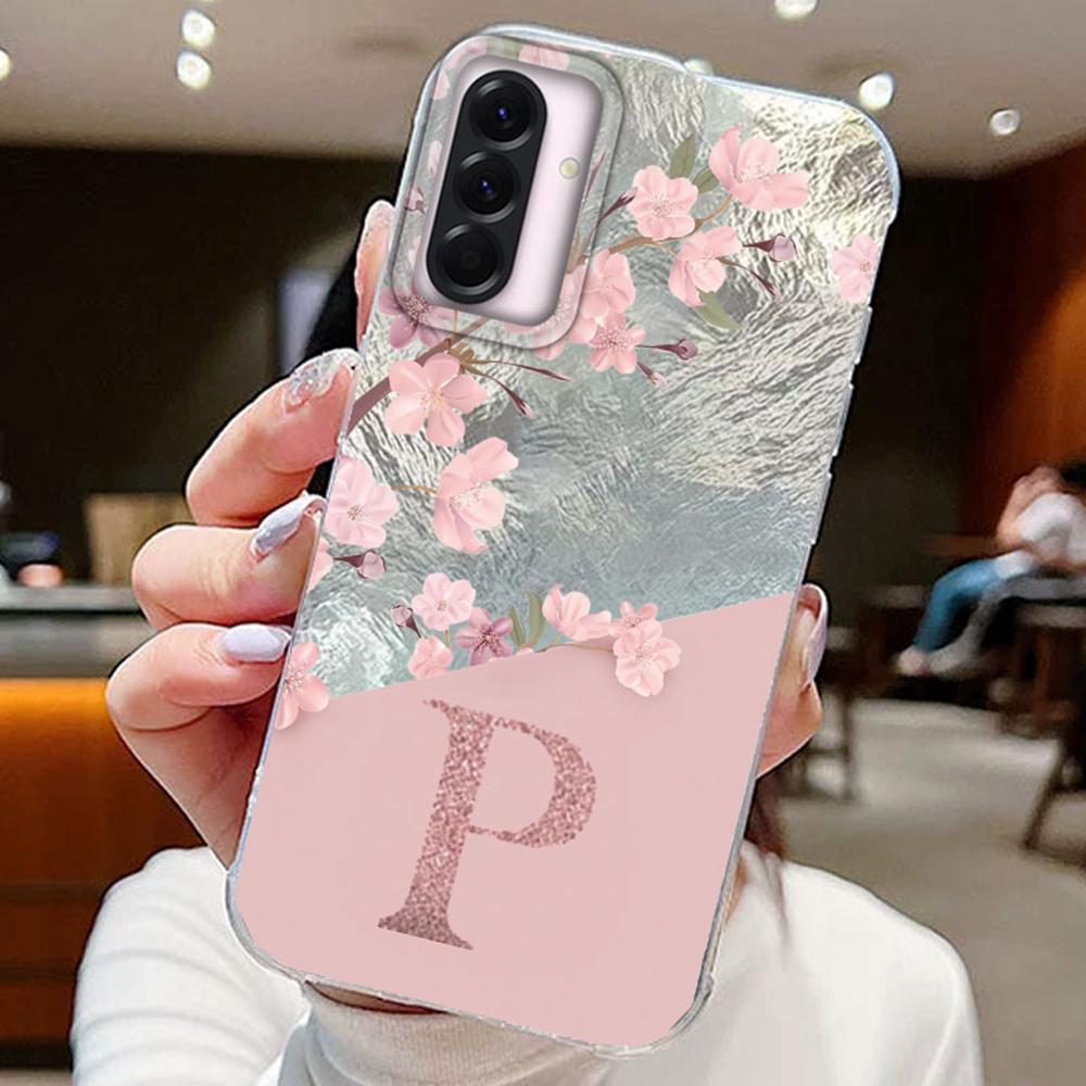 Couple Letter A Z Phone Cases For Samsung Galaxy A56 A36 A16 Tpu Cover Pink Flowers Silicone Clear Shell Soft Back Fundas Bumper