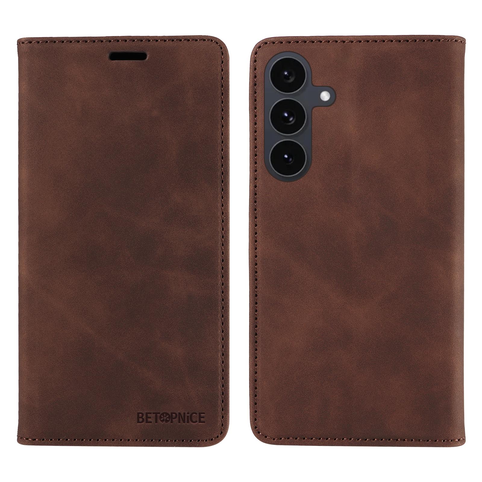 

For Samsung Galaxy S25 FE Case BETOPNICE Magnetic Closure RFID Blocking Wallet Stand Leather Phone Cover Brown