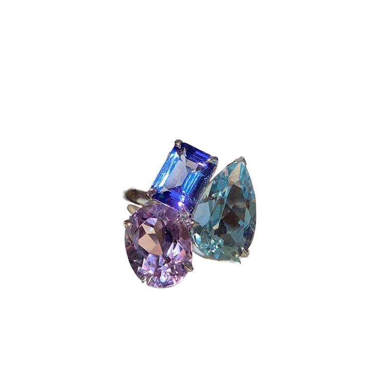 Hip hop style high-end Triple splicing sparkling diamond rings for women clear blue water droplet ring party jewelry gift