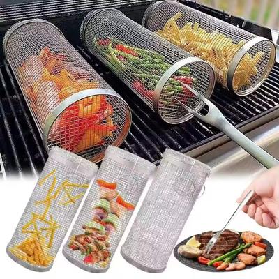 Rolling Grilling BBQ Basket Stainless Steel Leak Proof Mesh Barbecue Rack Outdoor Picnic Camping Simple Cylindrical BBQ Grill