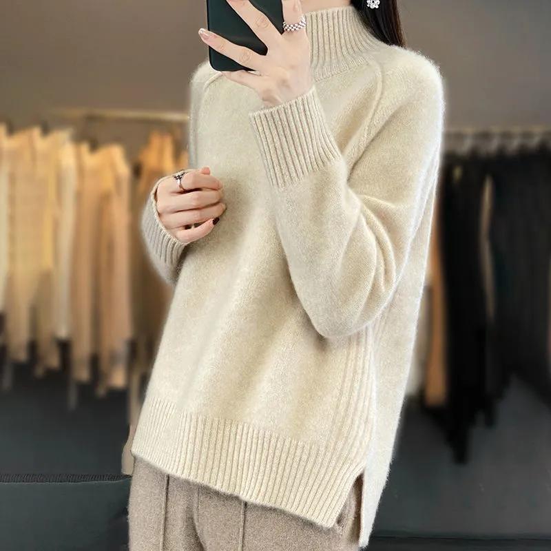 Autumn and Winter  Women's High-Necked Cashmere Sweater Soft Thickened Lazy Raglan Sweater with Slit  Pullover Loose Top