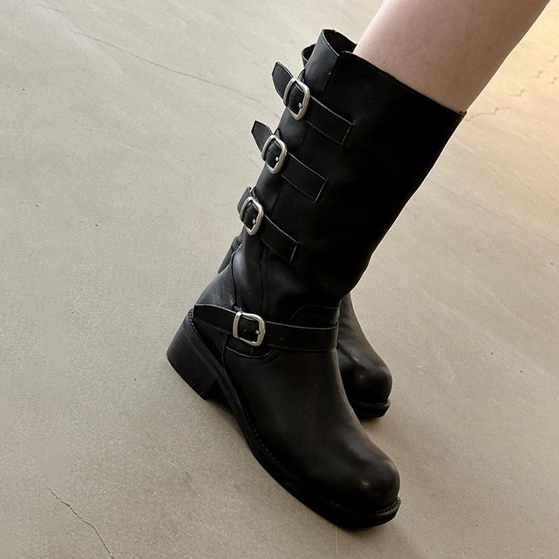 Cowhide Version~ Retro Belt Buckle Medium Tube Knight Boots Women's Thick Heel Round Head Short Boots Slim Straight Western Cowboy Boots