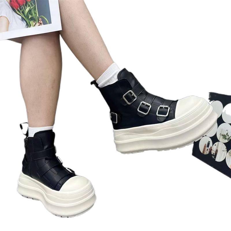 European-Style Genuine Leather Height-Increasing Women's Motorcycle Boots with Thick Sole and Buckle