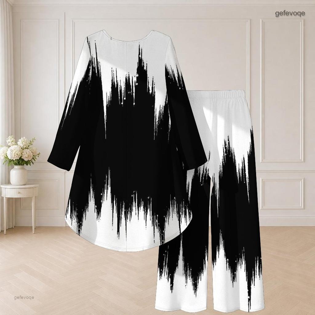 Women Plus Size Two Piece Pants Set Round Neck Long Sleeve Printed High Low Top Wide Leg Pants Black White