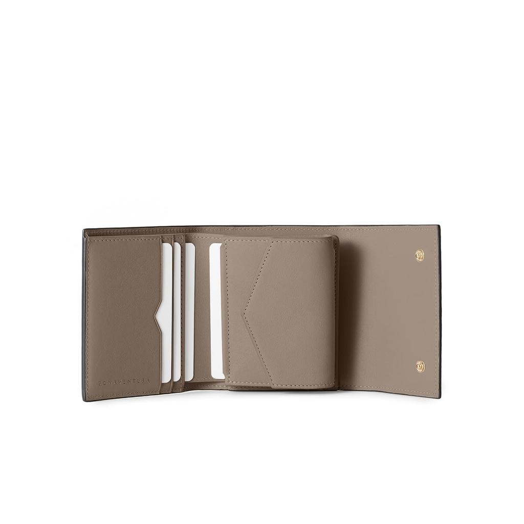 BONAVENTURA Flap Small Wallet in Shrink Leather (Ivory x Etoupe) - European-Grade Leather, Minimalist, Genuine Leather, Perfect Gift (BWAT40-IVET)