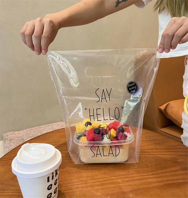 50pcs Transparent Clear Thicken Plastic Portable Stand Salad Dessert Bread Cake Food Packaging Takeaway Hand Bags