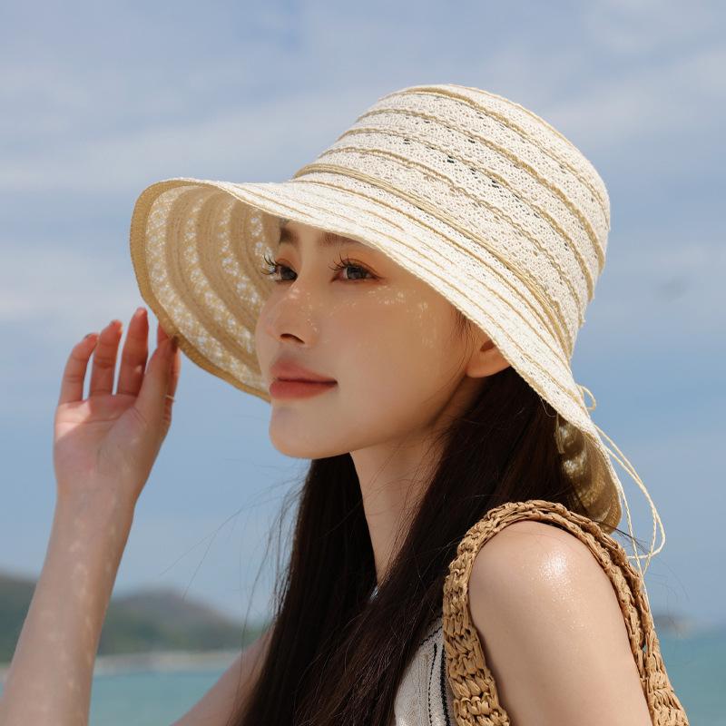 Spring/Summer Women's Season Lace Straw Hat Beach Sunscreen Sun Hat Large Brimmed Fisherman's Hat Cap H308