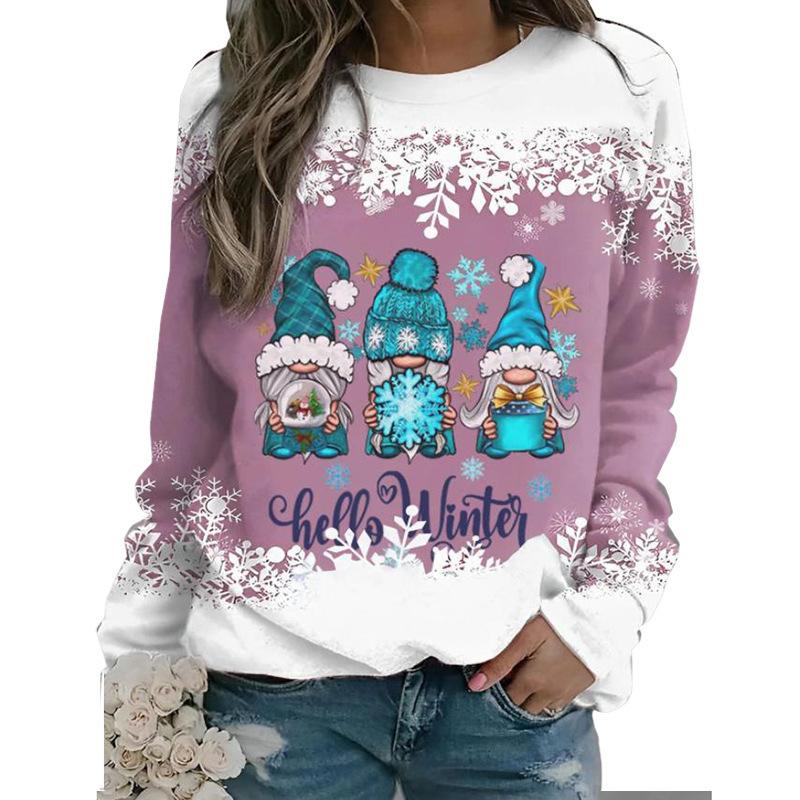 New Christmas 3D snowman print women's loose round neck long sleeved T-shirt