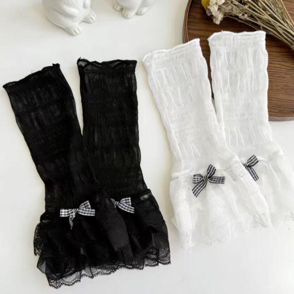 1 Pair Thin Lace Lace Arm Sleeves Bowknot Design Breathable Lace Fingerless Gloves Sun Protection Sleeves Daily Wear