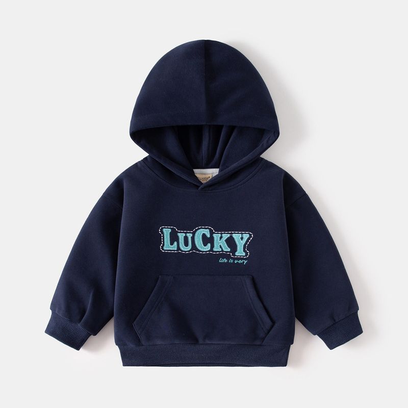 Spring and Autumn Boys  Hooded Sweatshirt Korean Style Letter Print Top Children s Pullover Long-Sleeved Clothing Navy Lucky Hooded Sweatshirt 120
