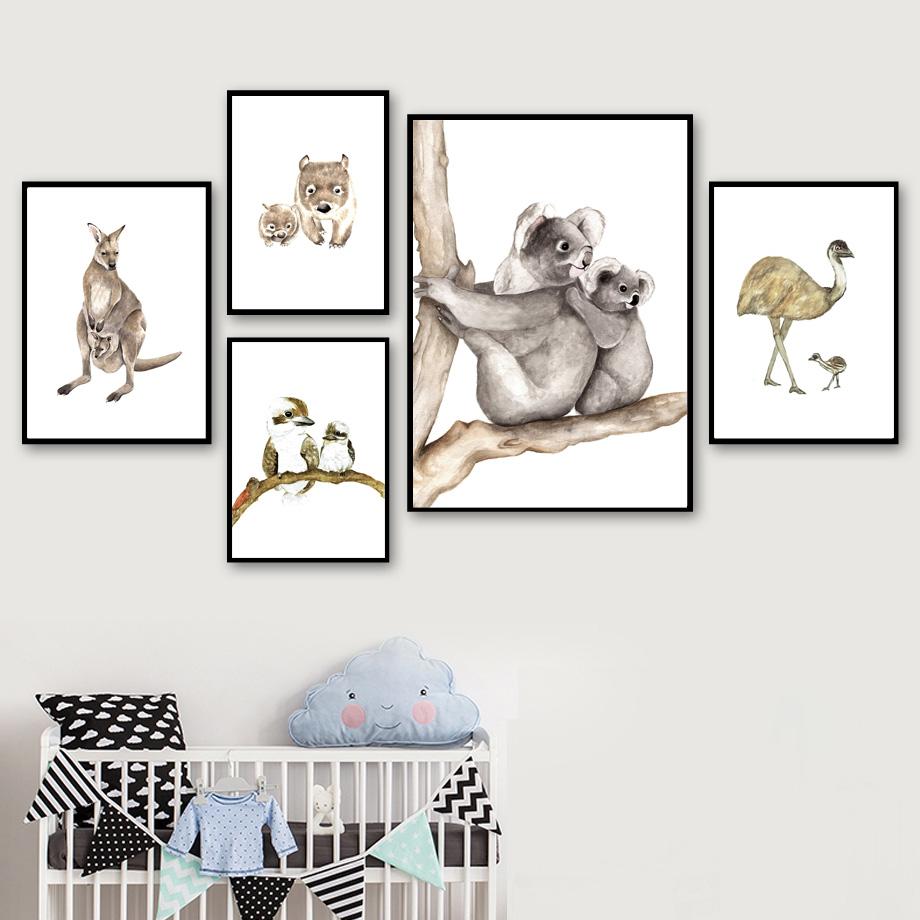 Aquarell Tiere Poster Koala Vogel Känguru Schnabeltier Kindergarten Wand Kunstdruck Leinwand Malerei Wand Bilder Baby Kinder Zimmer Dekor