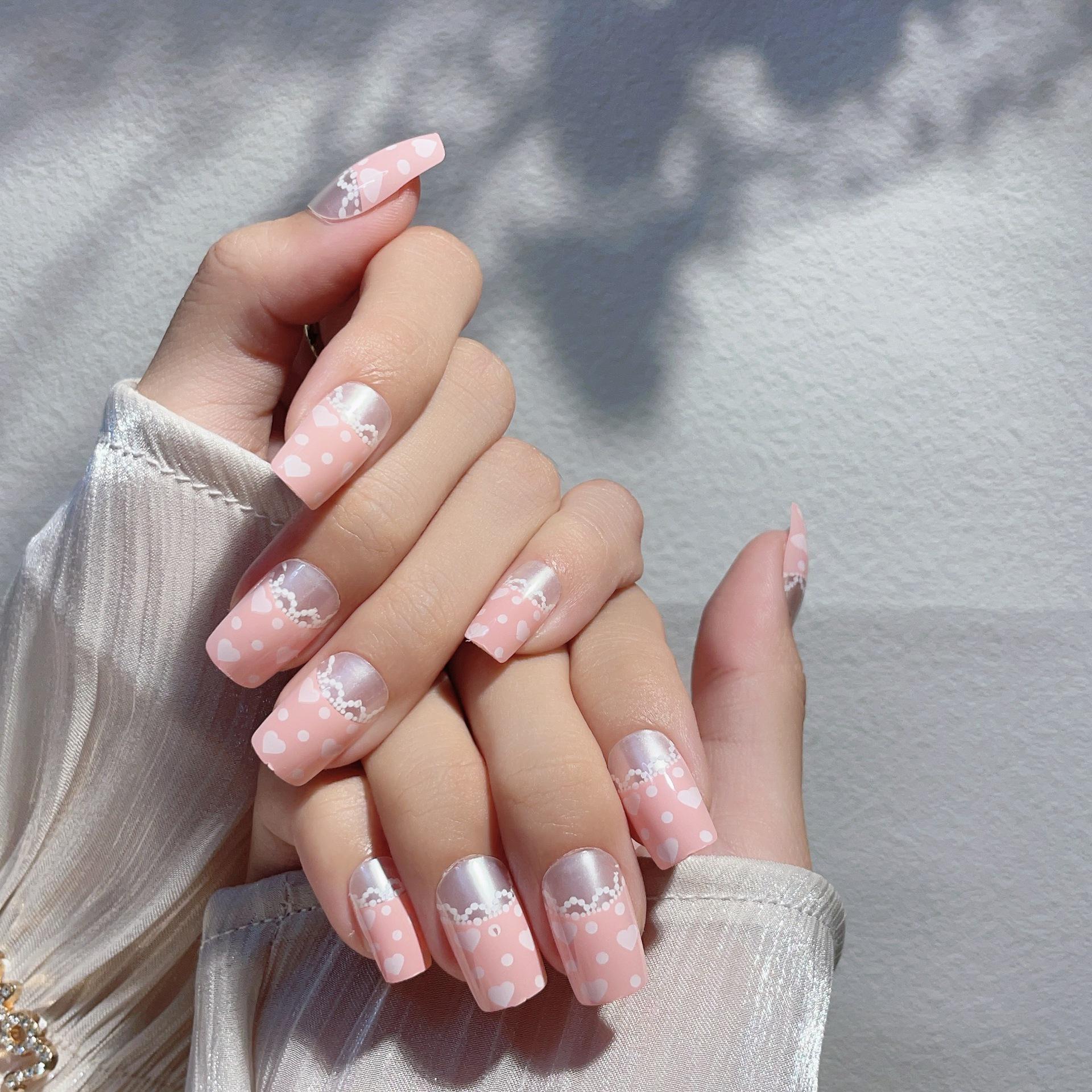 

French Minimalist Pink Heart Polka Dot Removable Press-On Nails
