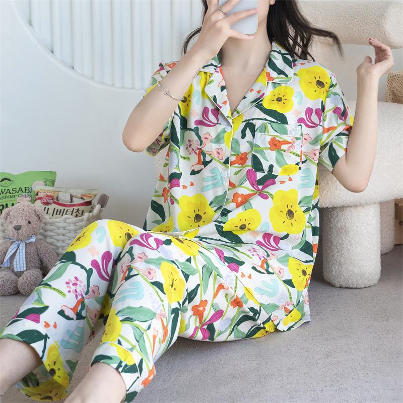 Cotton and silk pajamas women's spring and summer short-sleeved large-size suit spring and autumn thin cartoon printed loungewear