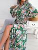 Women Retro European Style Floral Lapel Tie Waist Long Shirt Dress