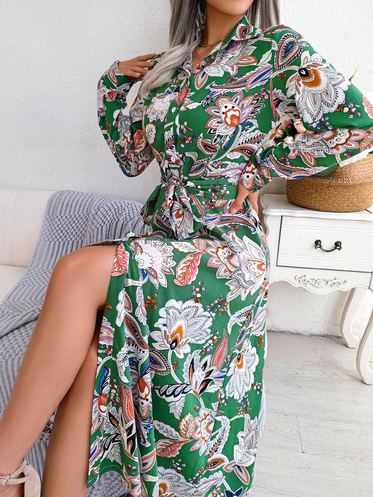 Women Retro European Style Floral Lapel Tie Waist Long Shirt Dress