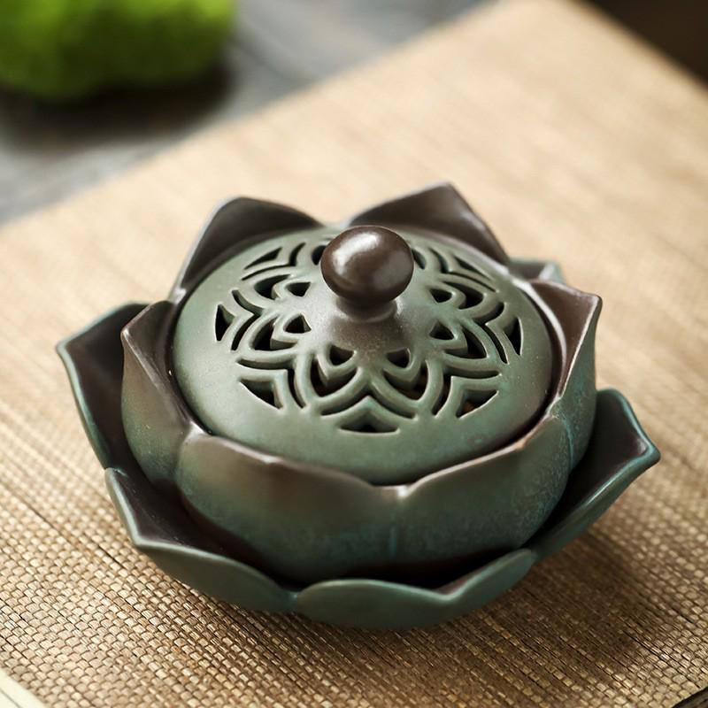 Zen Lotus Ceramic Incense Burner - Antique Sandalwood Coil for Indoor Use