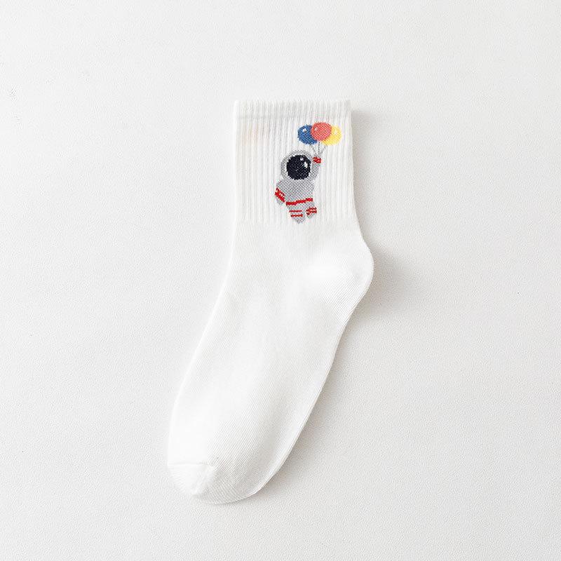 Autumn and Winter Women's Socks Mid-calf White Cartoon Student Bear Rainbow Letter Heart Smiling Face Striped Sports