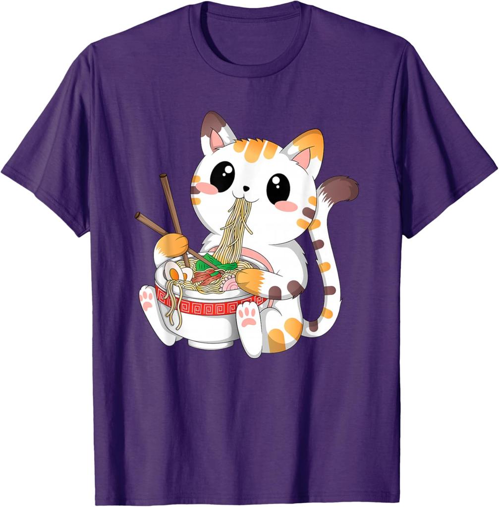 Cute Ramen Eating Kawaii Cat Graphic Tee Anime Neko Lovers Casual Cotton T-Shirt