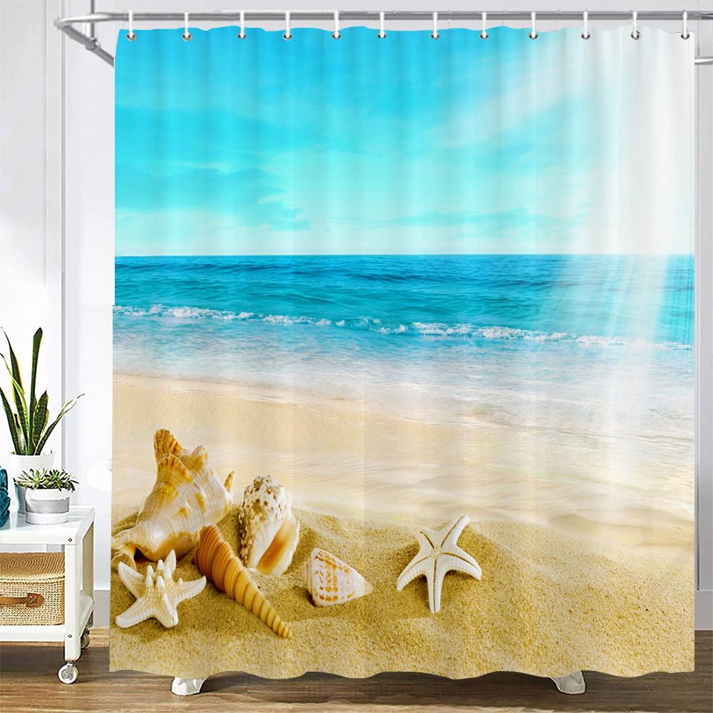 3D Seascape Beach Printed Fabric Shower Curtains Bathroom Curtain Bath Screen Waterproof Products Home Decor With Hooks