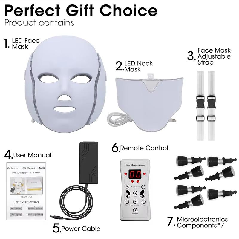 7-Farben LED Multifunktionale Gesichtsmaske - Blaues/Rotes Licht Hautpflege, Halsbehandlung & Heim-Schönheitsgerät