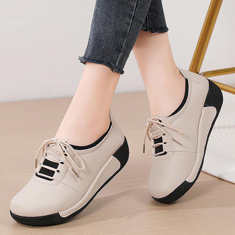 Autumn and Winter Leather Lace-up Muffin Platform Women's Shoes Casual Shoes Color Matching Front Lace-up Single Shoes Mother Shoes