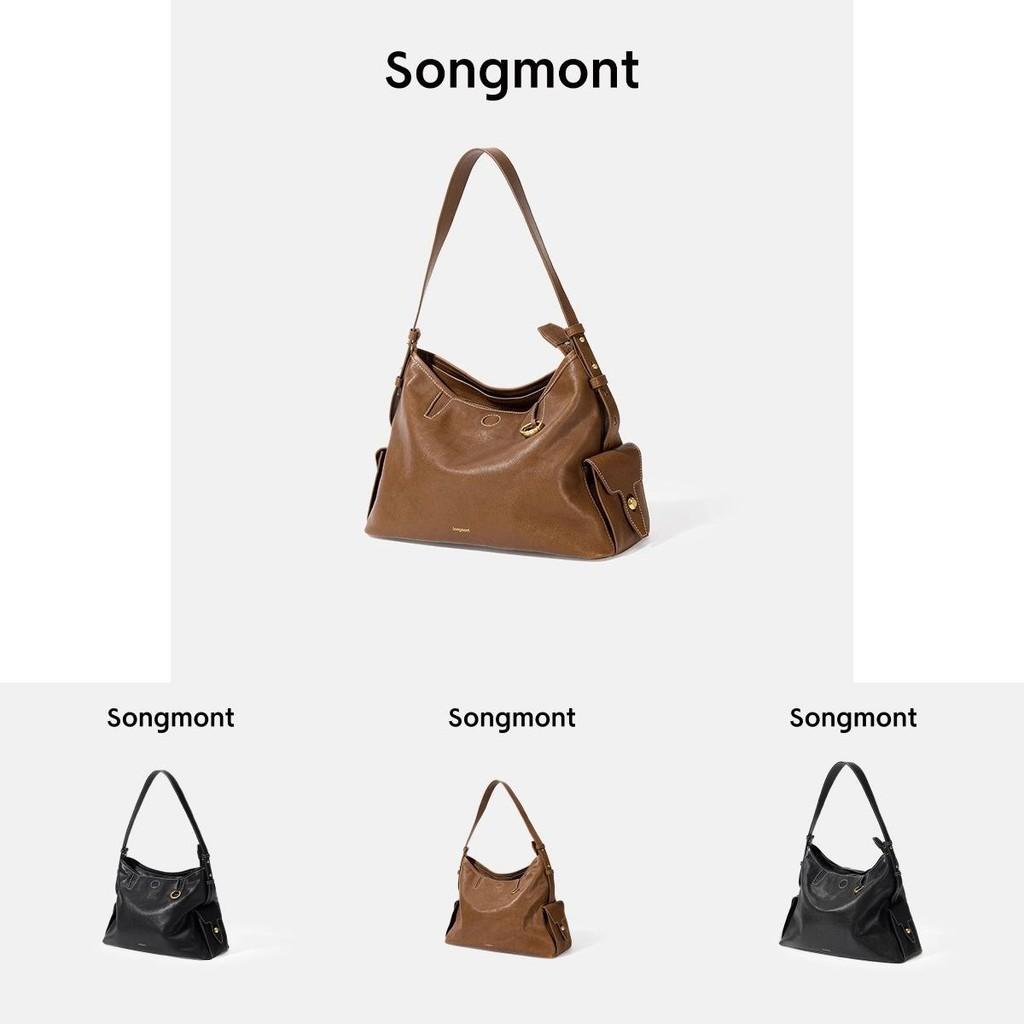 Stylish Songmont Hobo Bag In Smoke Black And Sand Brown With Genuine Leather Design