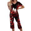 Women Two Piece Set Halloween Print Short Sleeve Top and Capri Pants Casual Lounge Wear Set for Daily Use and Seasonal Events