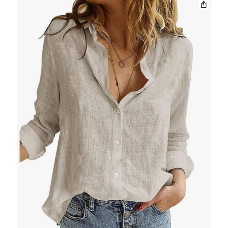 Spring and Autumn, Solid Color Casual Loose Long Sleeve Linen Shirt with Sleeves, Shirt Women