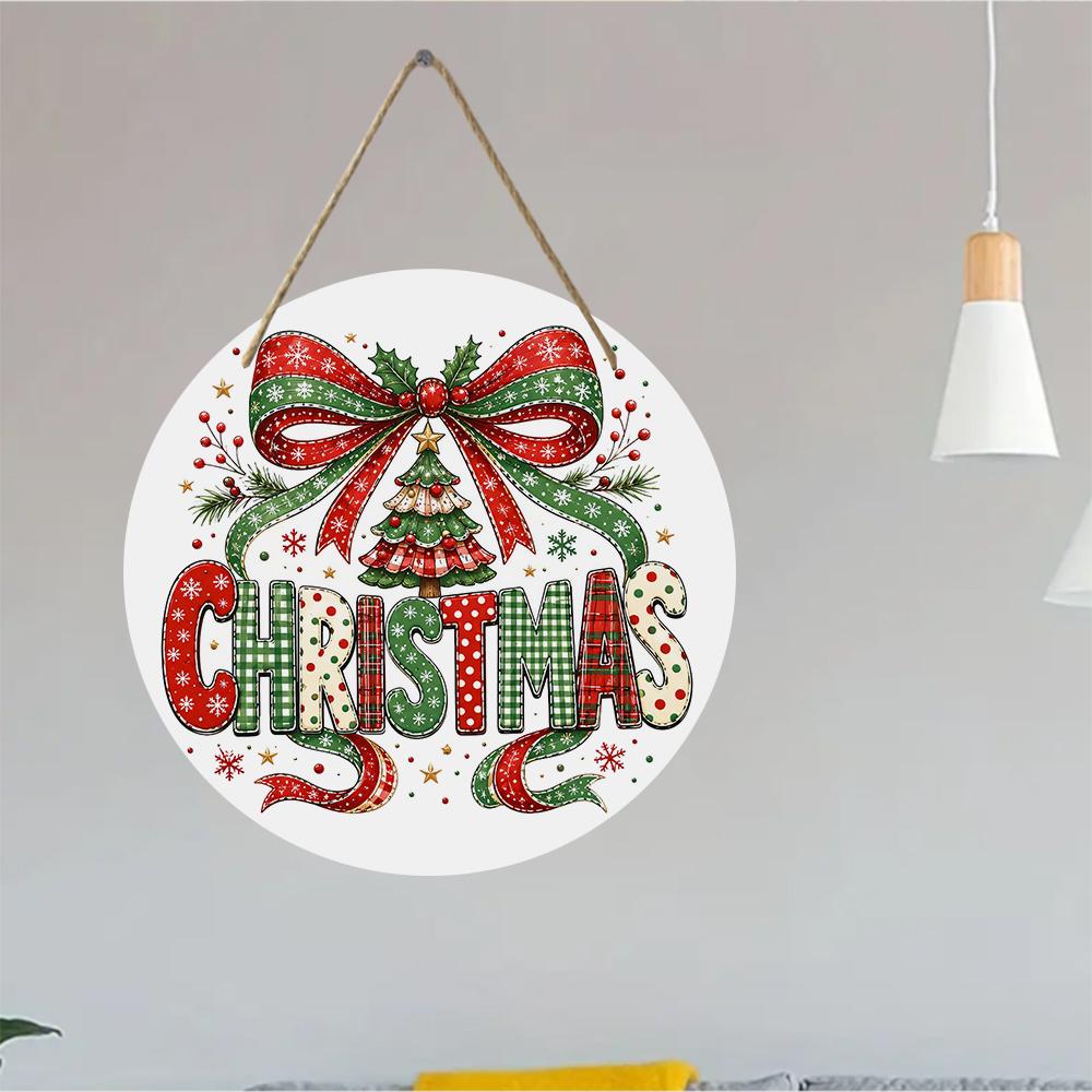 Festive plaid Christmas tree printed round wooden hanging plaque natural wood sign wall door decor indoor home holiday party ornament decoration