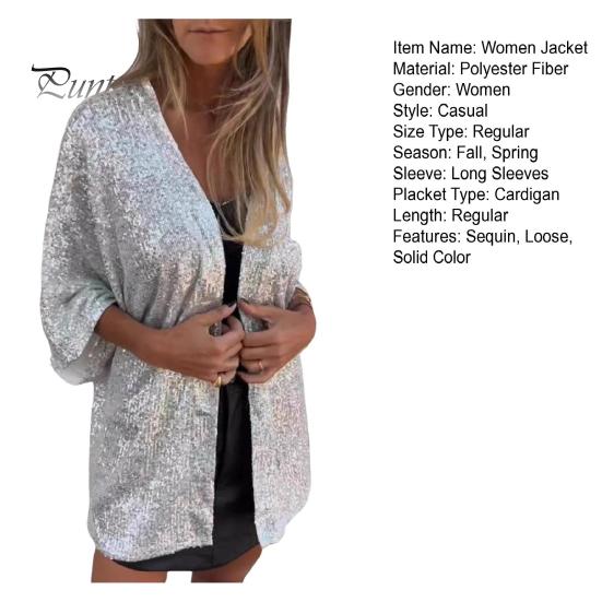 Spring Autumn Women Jacket Sequin Decor Slim Fit Open Stitch Mid Length Long Sleeves Pure Color Club Party Daily Wear Coat