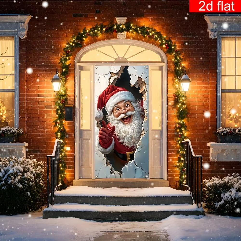 Santa Claus Door Decoration Polyester New Year Door Banner Christmas Wall Banner Lightweight 2d Flat Holiday Banner For Entryway