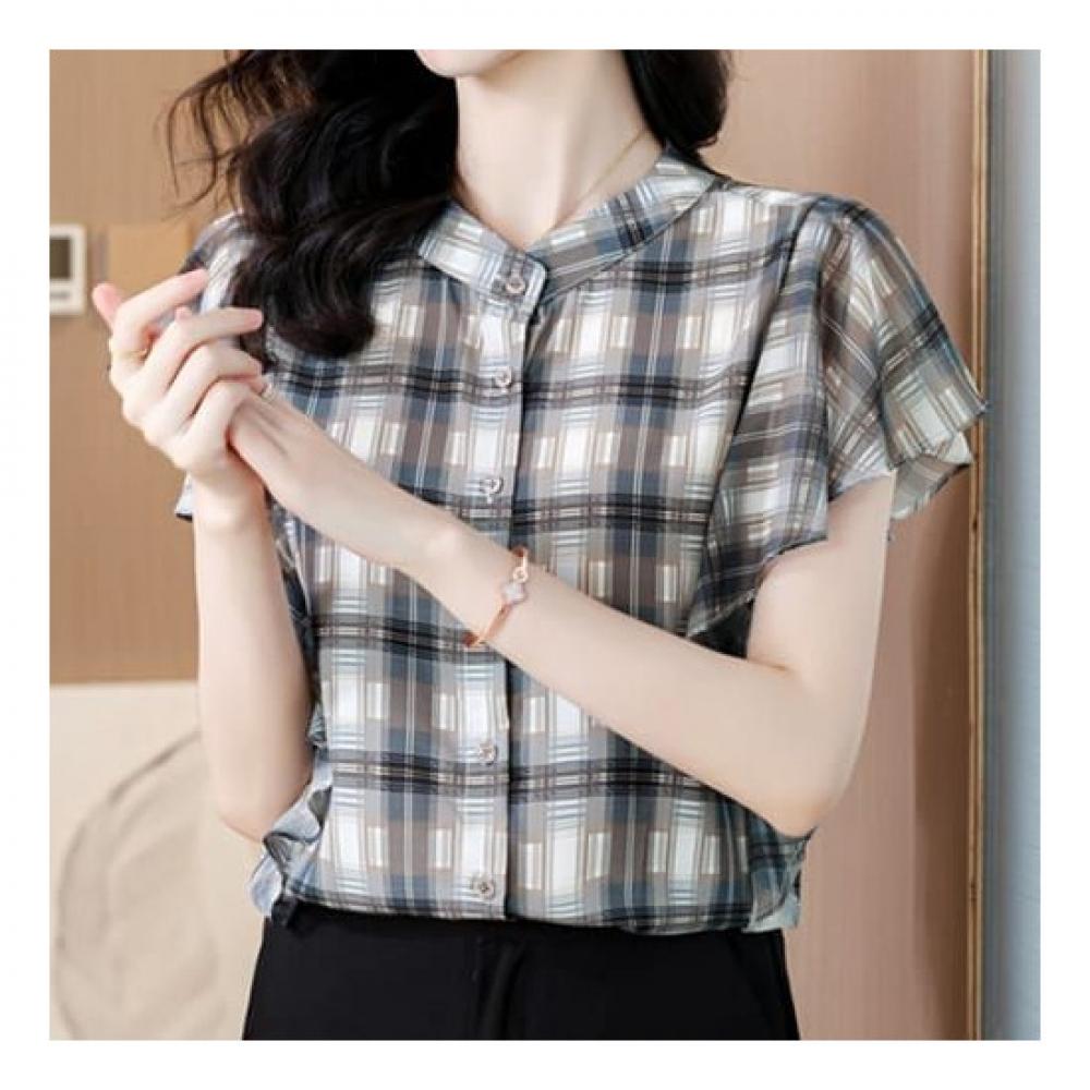Navava Vintage Frill Check Cap Sleeve Blouse Nb2127