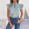 Damen Sommer Chiffon Bluse Floral Schnürung Schleife Holzohr Hemd