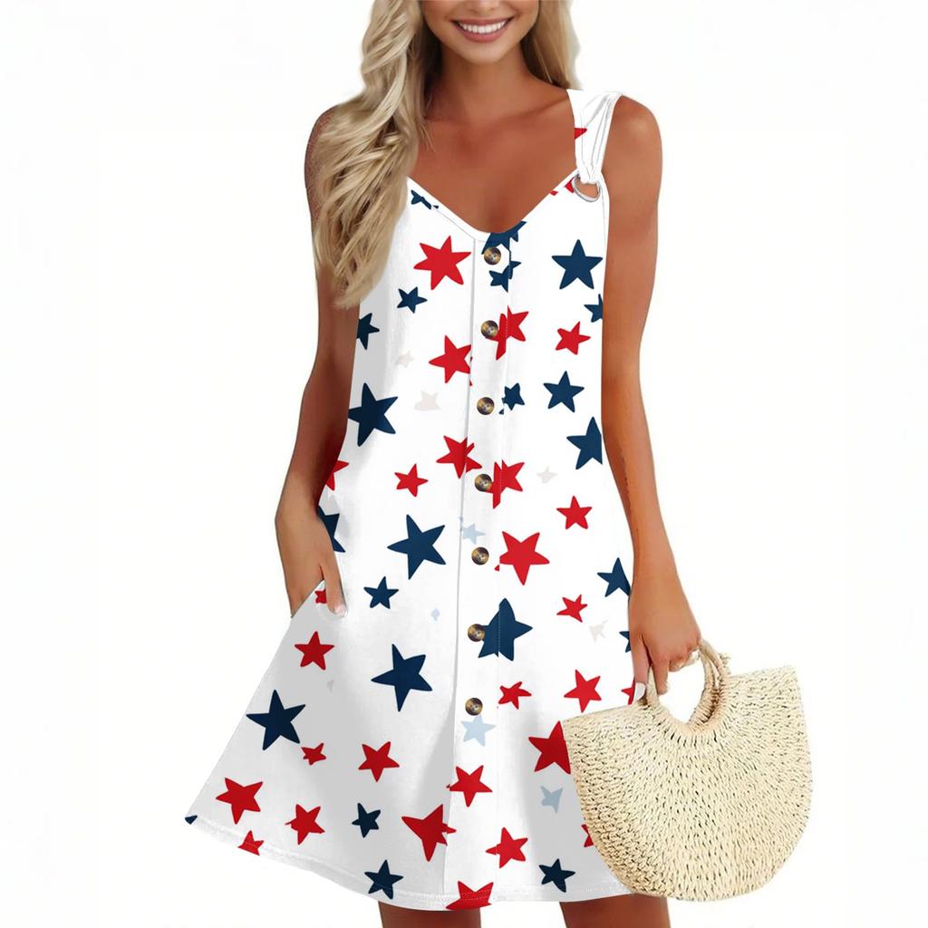 Women's Summer Dress Sleeveless Independence Day Print Sundress With Pocket