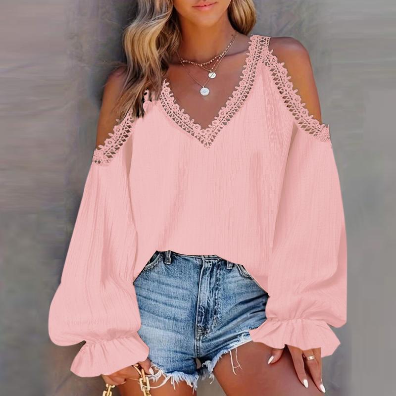 

VONDA Женские винтажные блузки-фонарики с V-образным вырезом и длинными рукавами, с открытыми плечами, кружевные блузки 5XL розовый